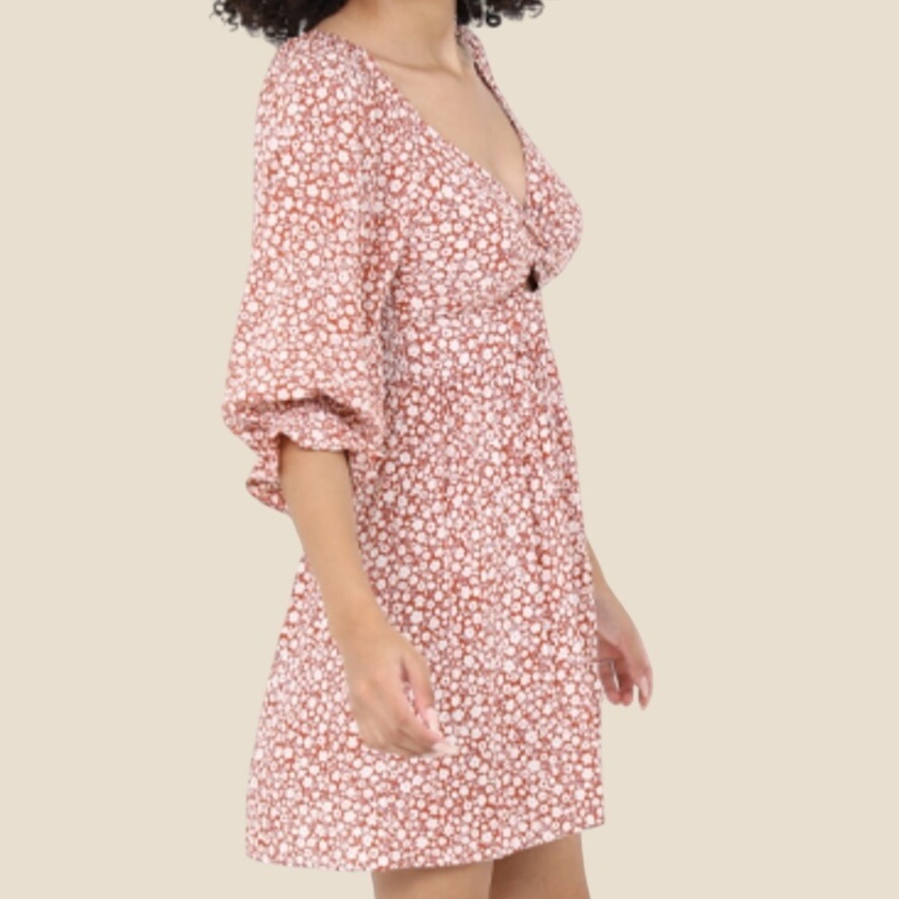 Angie Floral Mini Dress Rust Terracotta Ditsy Puff Sleeve Twist Front Size L